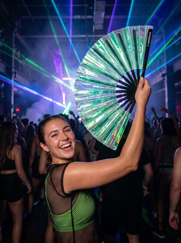 Festival-Fächer Holografisch Grün, irisierendes Rave Accessoire