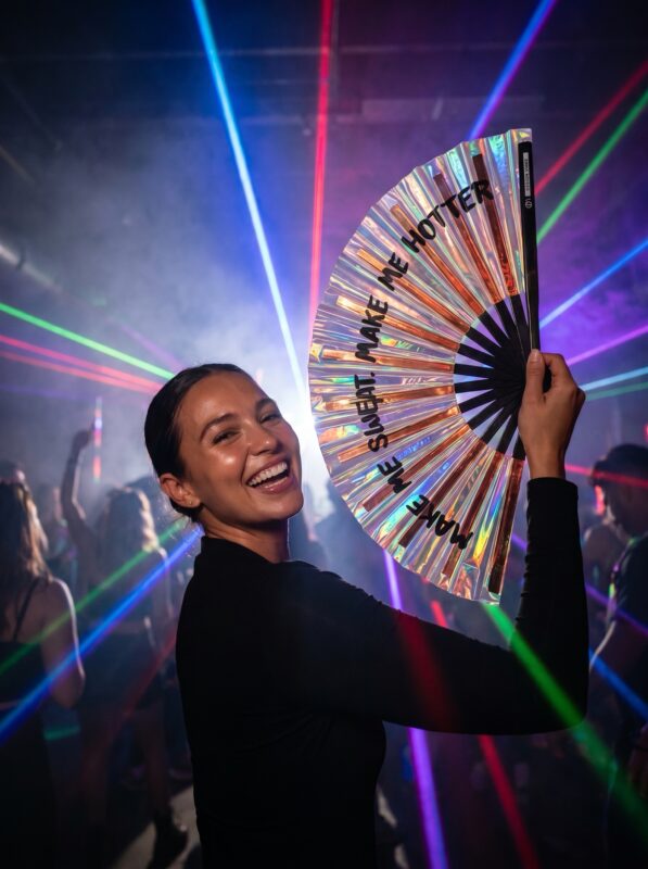 Festival-Fächer „MAKE ME SWEAT“ Holografisch Rosegold – Rave
