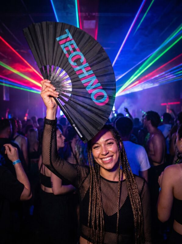 Festival-Fächer „TECHNO“ Schwarz Teal-Pink, Techno & Rave