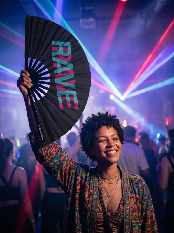 Festival-Fächer „RAVE“ Schwarz Teal-Pink, Techno & Rave Accessoire